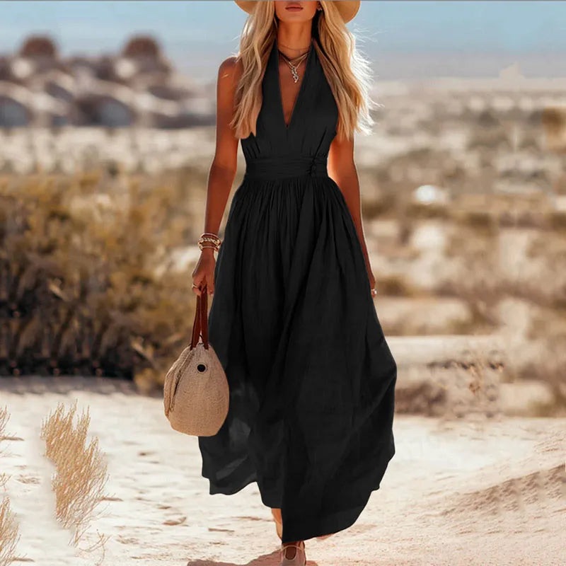 Selene | Halter Deep V Neck Pleated Backless Maxi Dress