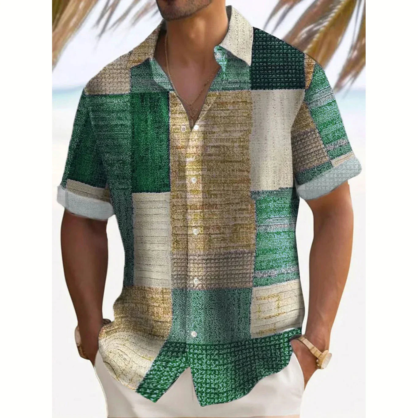 Joshua | Men's Color Block Patchwork Short Sleeve Button Up Shirt