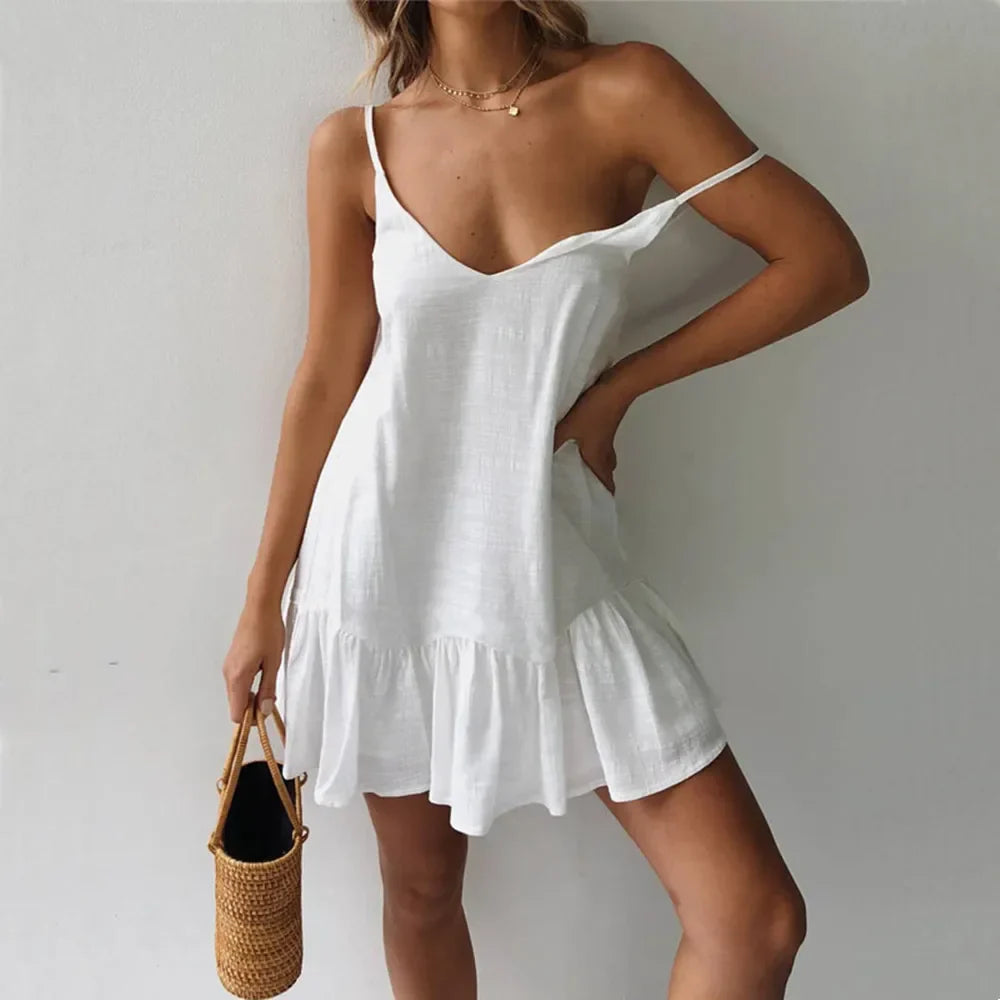 Riyana | Linen V Neck Spaghetti Strap Ruffle Hem Mini Dress