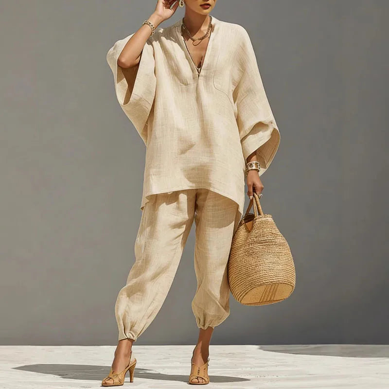 Cordella | Relaxed Linen V Neck Batwing Sleeve Two-Piece Set