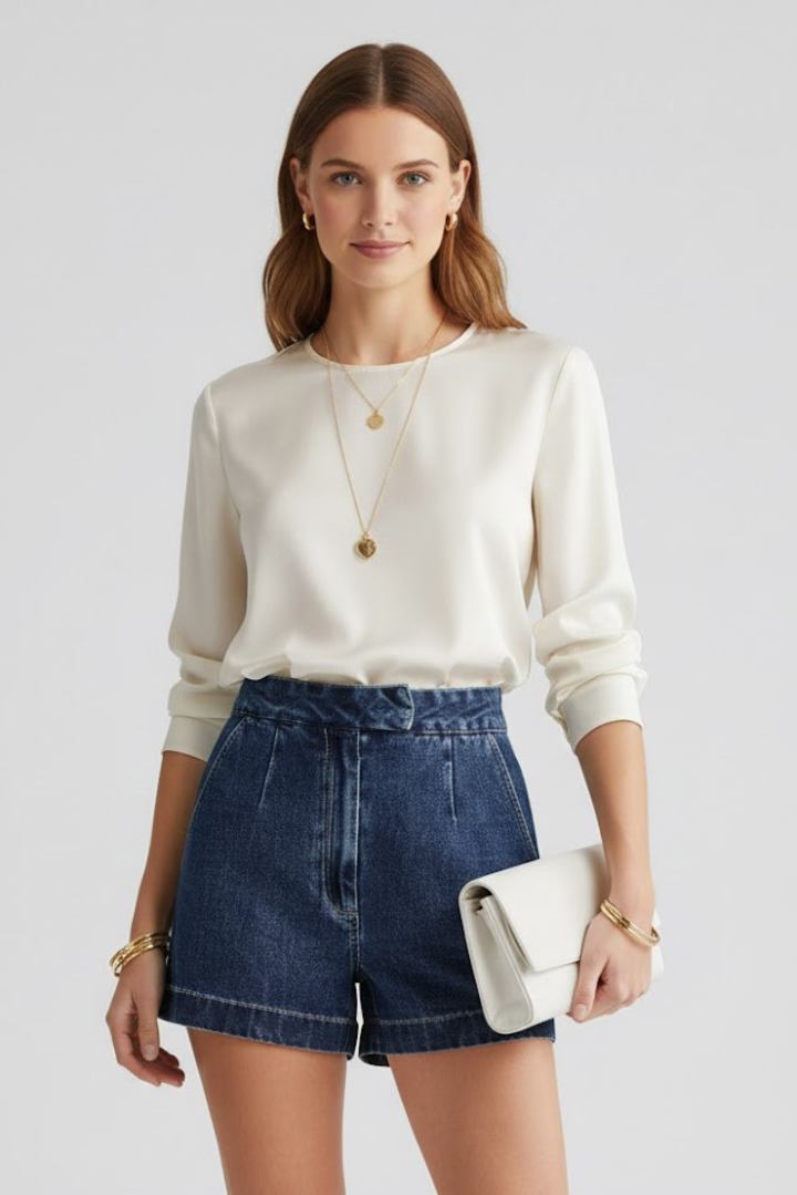 Sophie | Women's High-Waist Pleated Denim Shorts