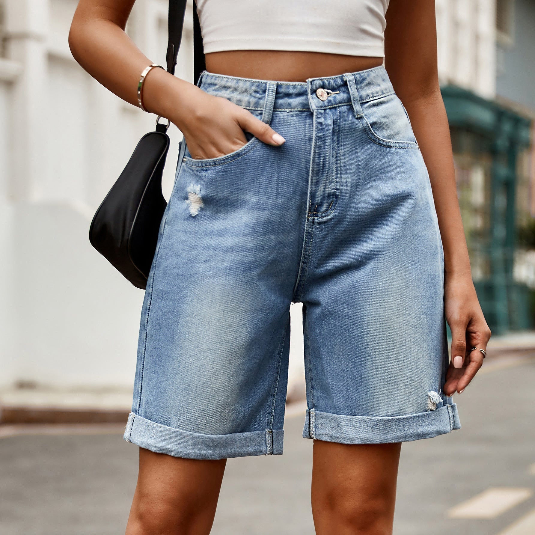 Syrine | Women's High Waist Ripped Cuffed Denim Shorts