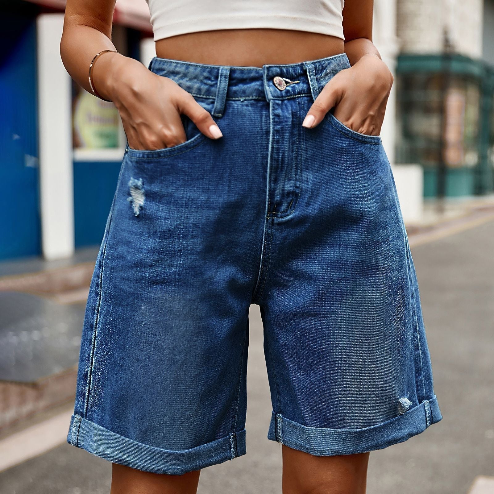 Syrine | Women's High Waist Ripped Cuffed Denim Shorts