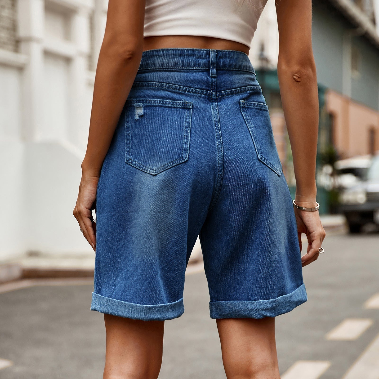 Syrine | Women's High Waist Ripped Cuffed Denim Shorts