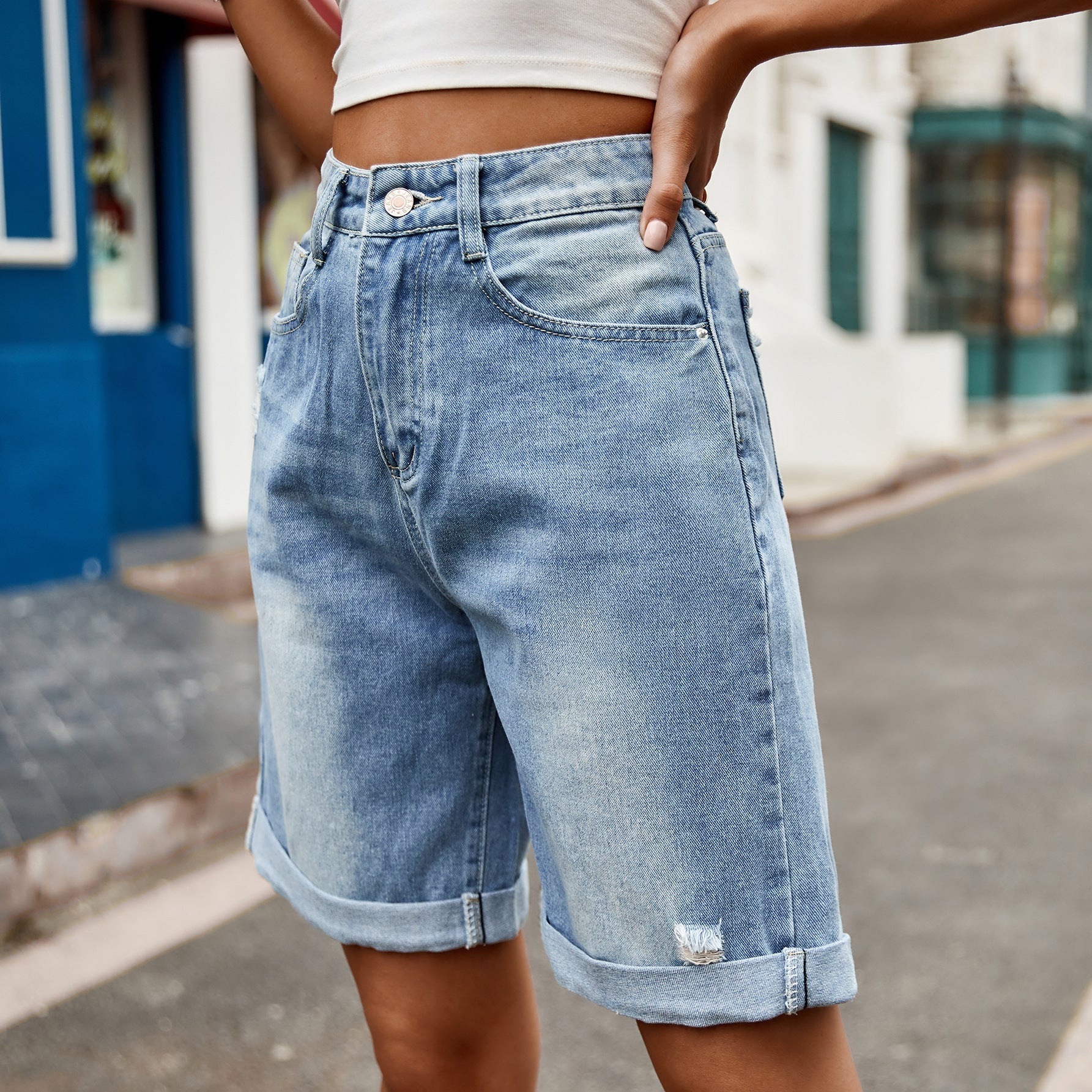 Syrine | Women's High Waist Ripped Cuffed Denim Shorts