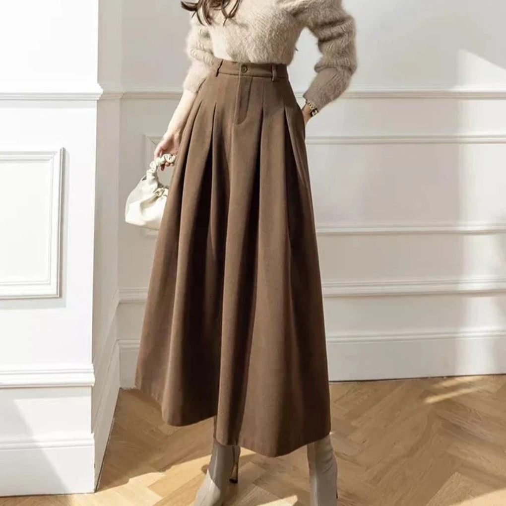 Vespera | High-Waist Pleated A-Line Maxi Skirt