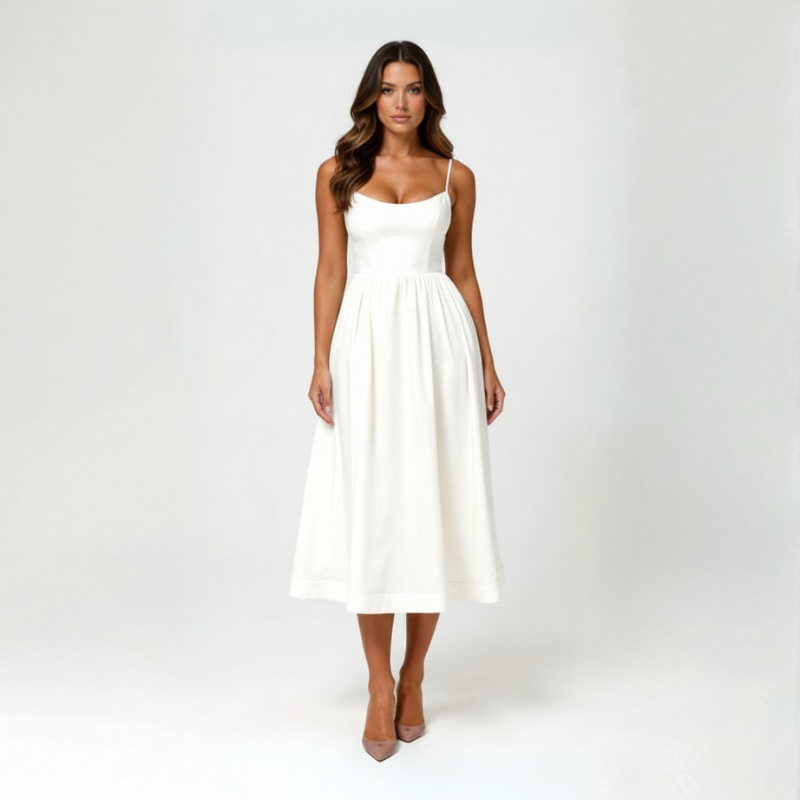 Alina | Cupped Spaghetti Strap Pleated Midi Dress