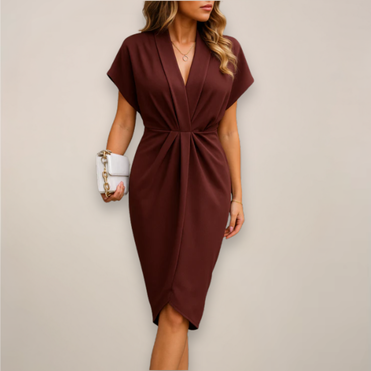 Elena | Elegant Deep V Neck Twist Front Wrap Midi Dress