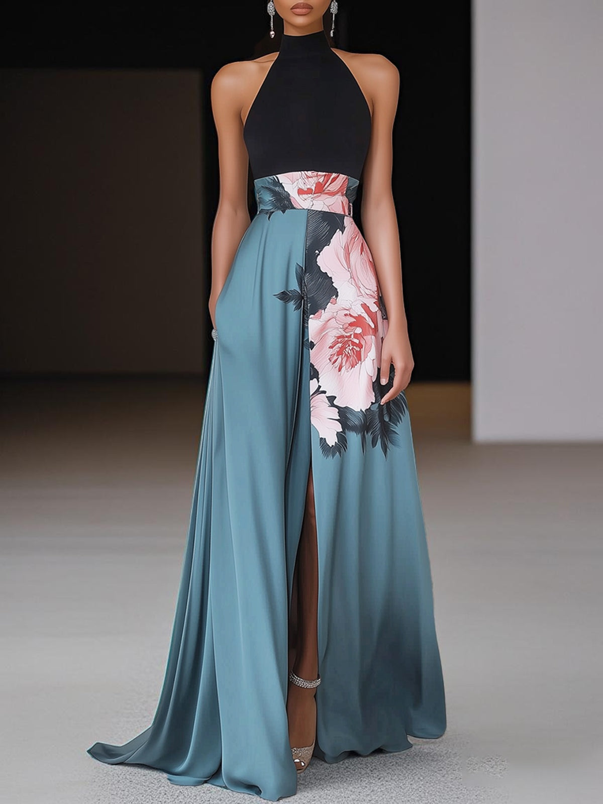 Quinn | Floral Print Halterneck Color Block Maxi Dress