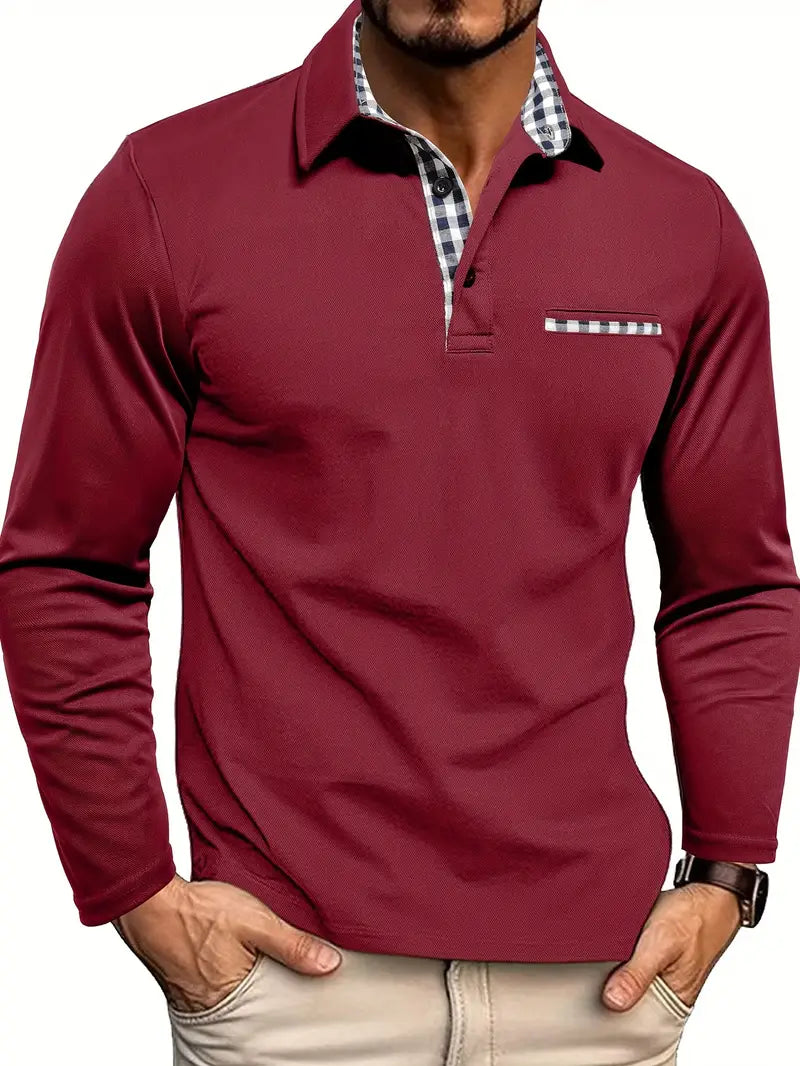 Jonathan | Men's Long Sleeve Polo Shirt with Plaid Collar Trim