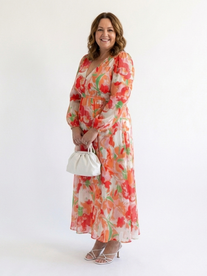 Seraphina | Floral Chiffon V-Neck Long Sleeve Tiered Maxi Dress