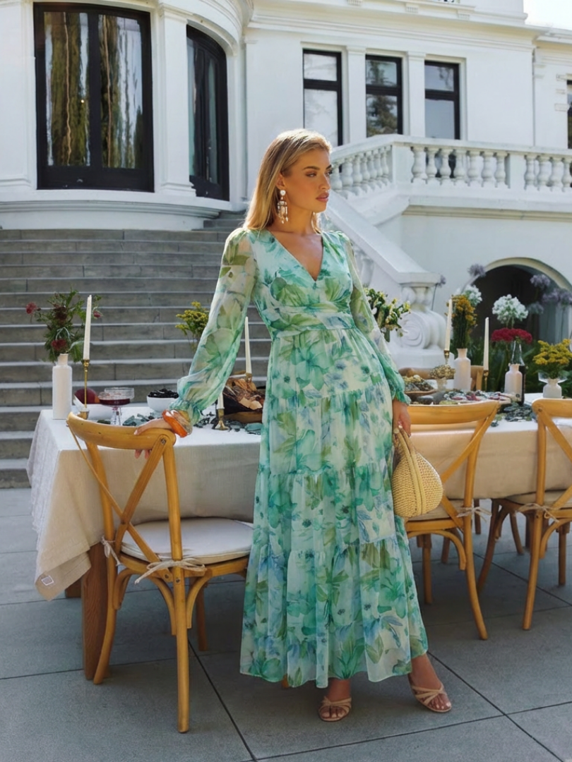 Seraphina | Floral Chiffon V-Neck Long Sleeve Tiered Maxi Dress