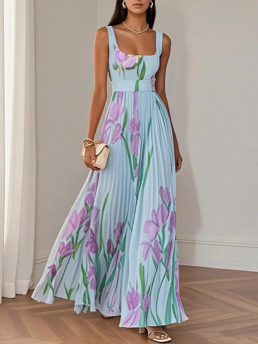 Seraphina | Floral Print Square Neck Pleated Maxi Dress