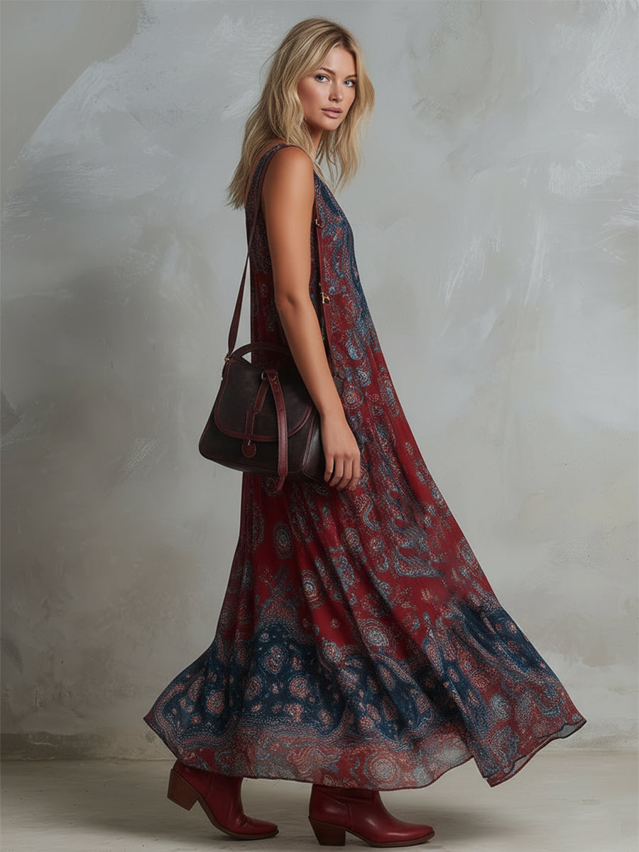 Savannah | Boho Paisley Print Deep V Neck Sleeveless Maxi Dress