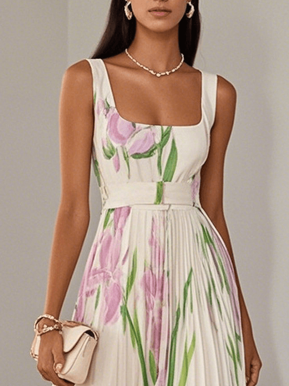 Seraphina | Floral Print Square Neck Pleated Maxi Dress