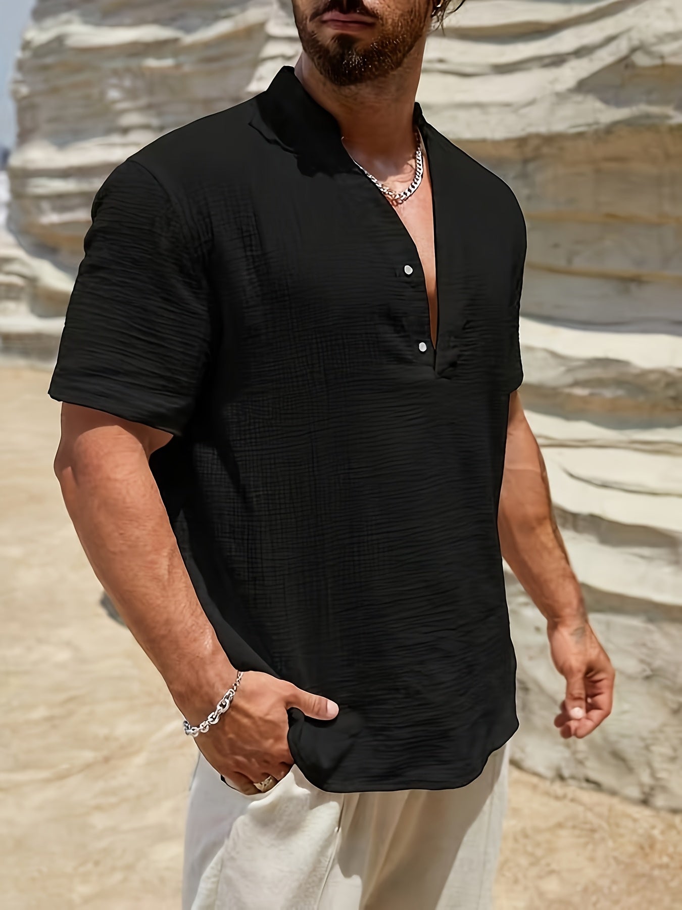 Mateo | Men's Linen Band Collar Short Sleeve Henley Shirt