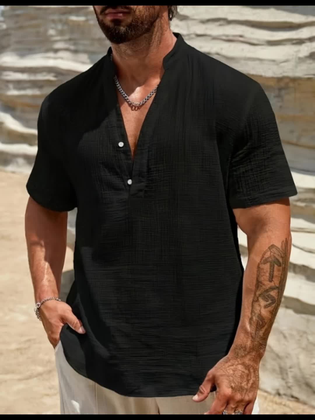 Mateo | Men's Linen Band Collar Short Sleeve Henley Shirt