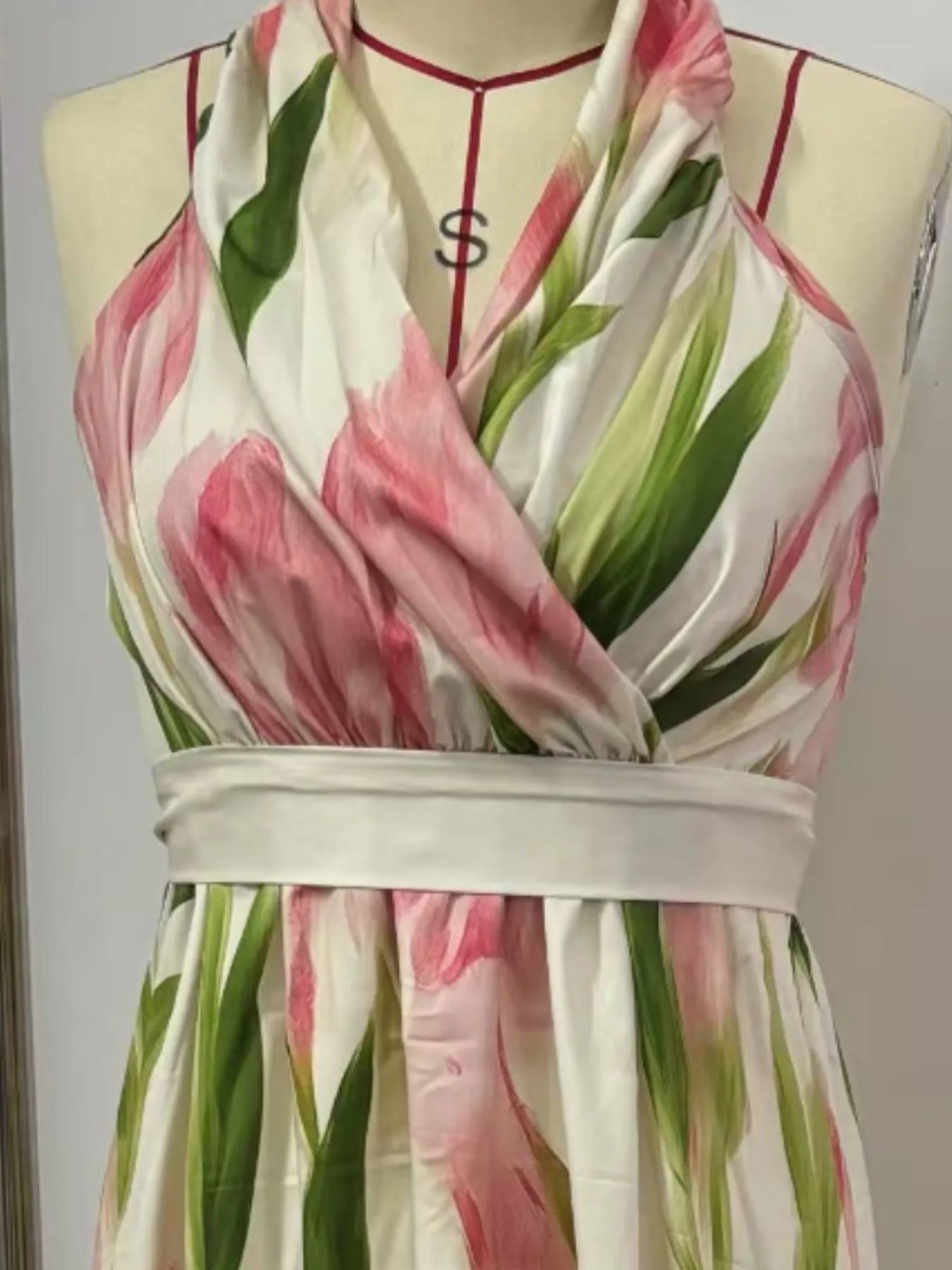 Floralia | Floral Print Pleated Halter Deep V Neck Maxi Dress