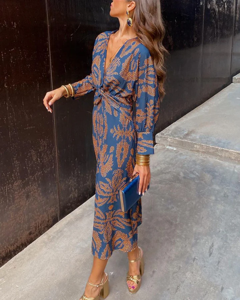 Valentina | Floral Print Deep V Neck Twist Waist Maxi Dress