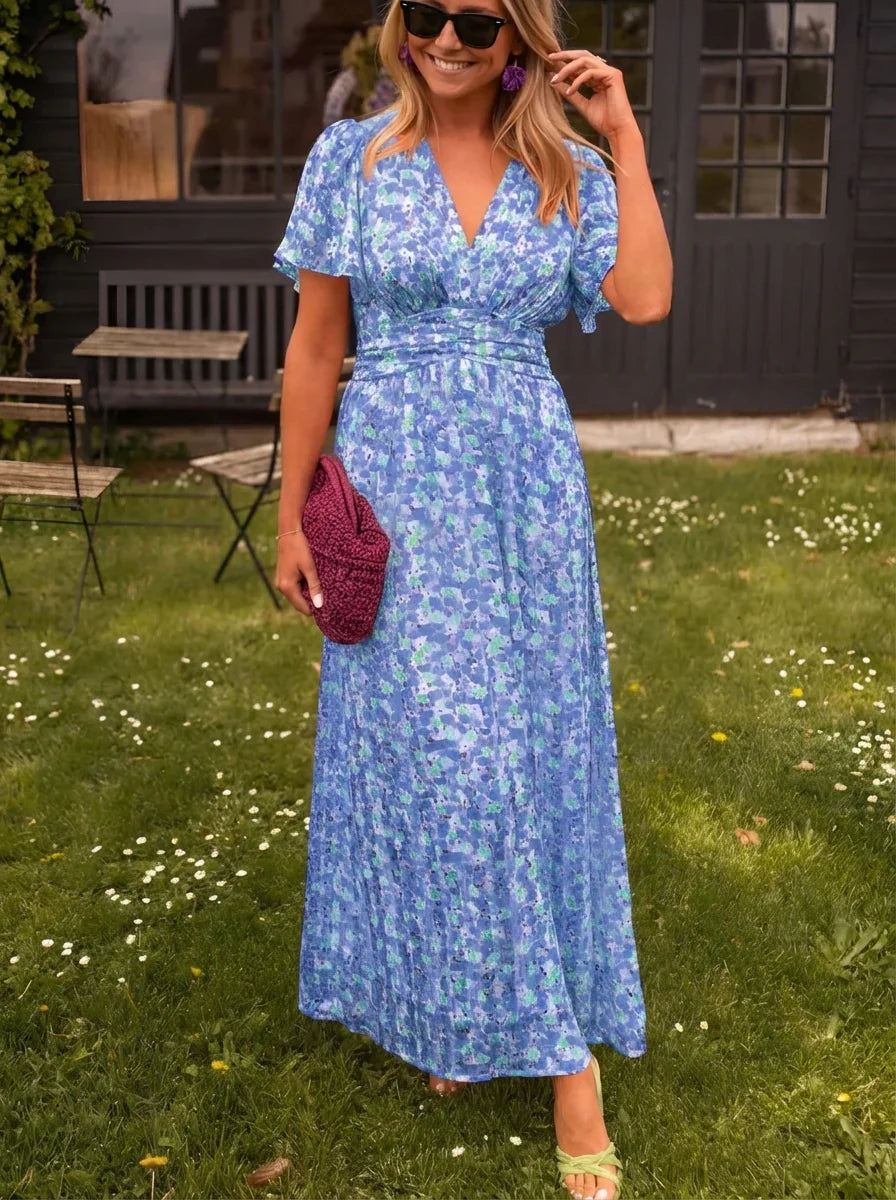 Emily | Floral Print V-Neck Short Sleeve Maxi Dress
