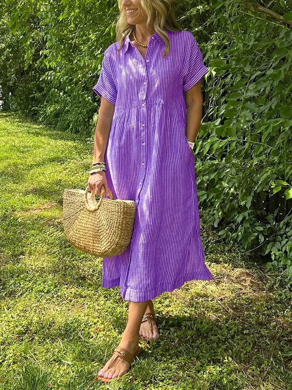 Uma | Striped Linen Shirt Dress with Collar Neckline