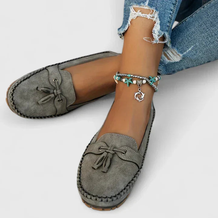 Selene | Women's Suede Bow Detail Flat Slip On Loafers