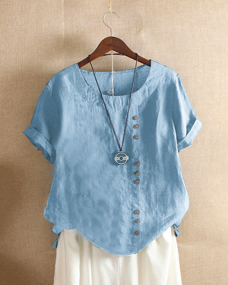 Beatrice | Women's Linen Button Detail Short Sleeve Blouse