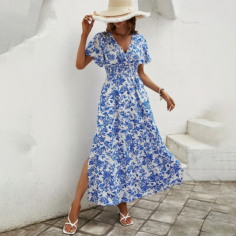 Seraphina | Floral Print V Neck Short Sleeve Side Slit Maxi Dress