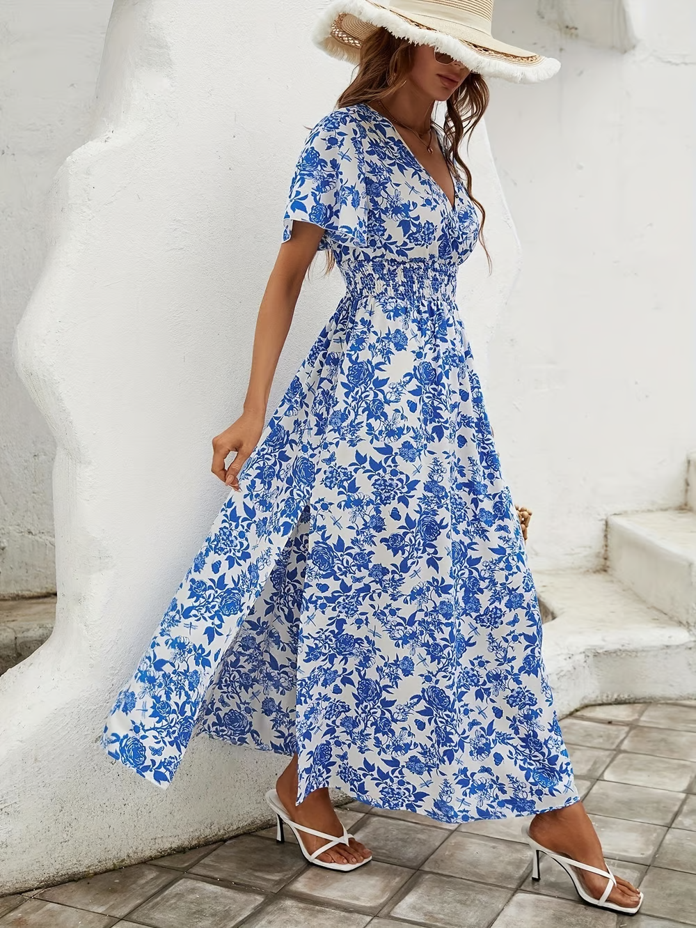 Seraphina | Floral Print V Neck Short Sleeve Side Slit Maxi Dress