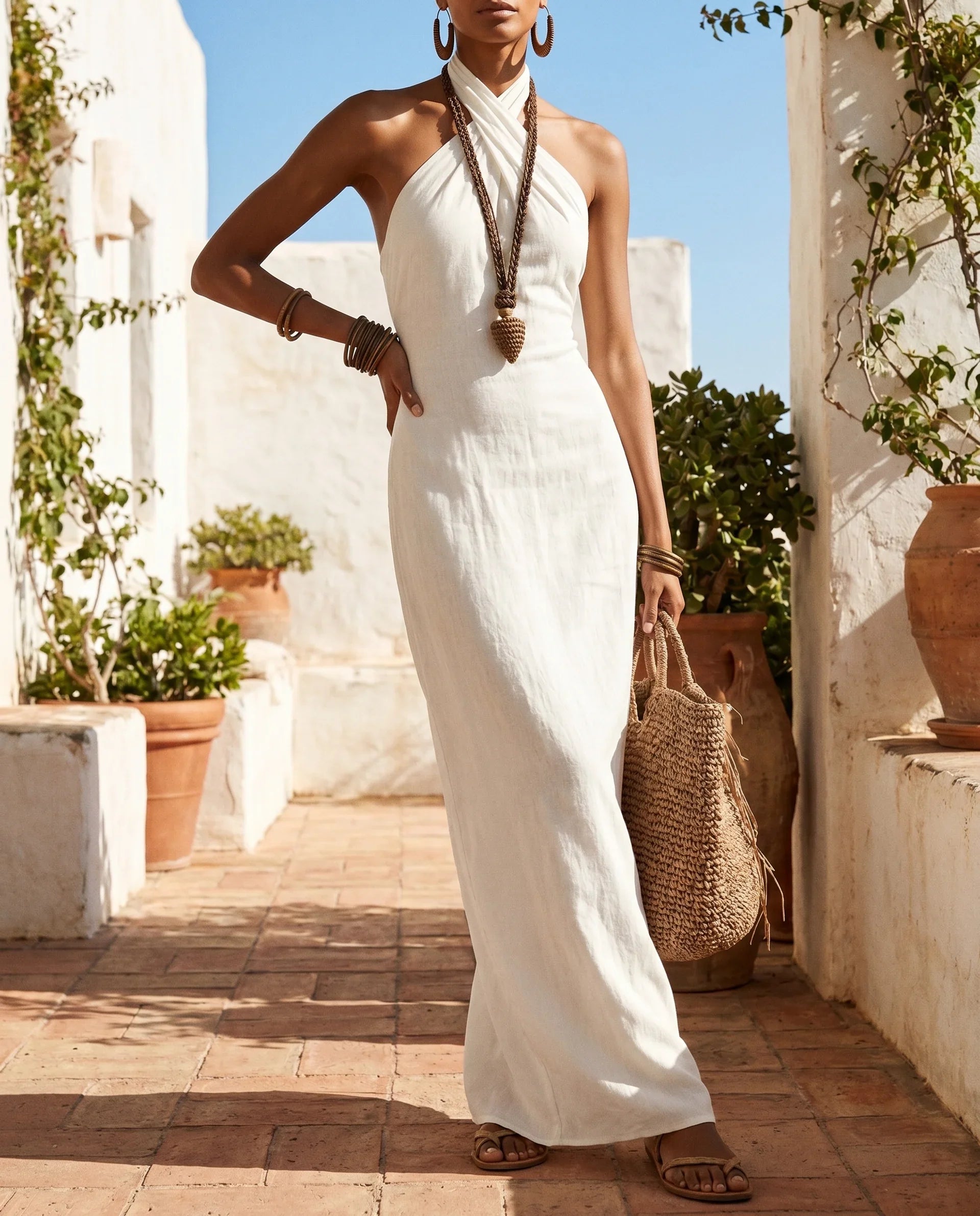 Lieselotte | Elegant Linen Cross Halter Neck Backless Maxi Dress