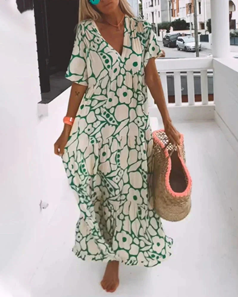 Elodie | Floral Print V Neck Short Sleeve Tiered Maxi Dress
