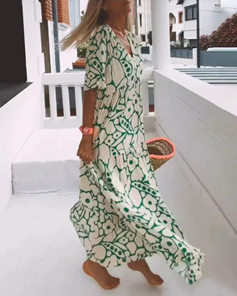 Elodie | Floral Print V Neck Short Sleeve Tiered Maxi Dress