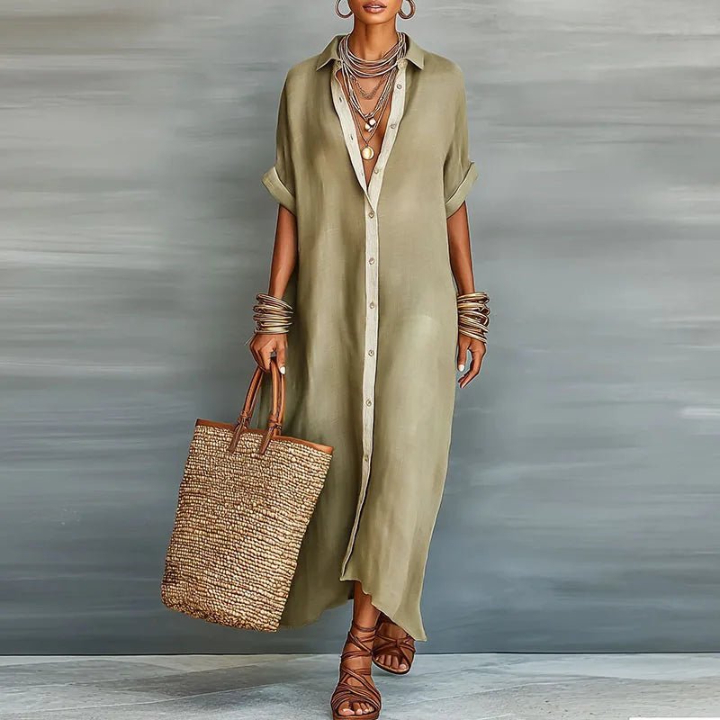 Luna | Relaxed Linen Button-Down Short Sleeve Shirt Maxi Dress