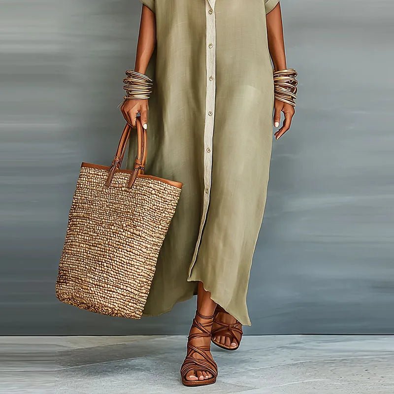 Luna | Relaxed Linen Button-Down Short Sleeve Shirt Maxi Dress