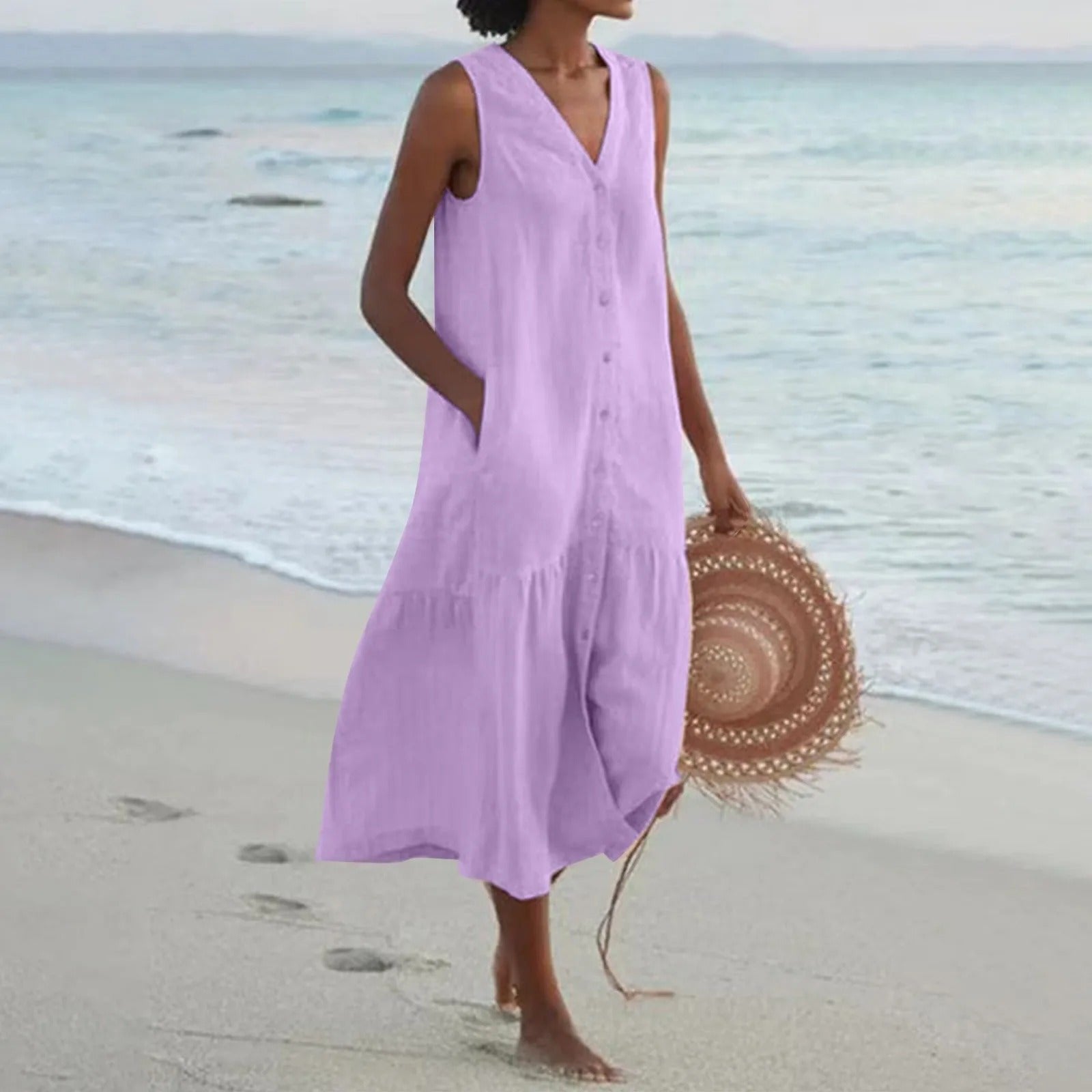 Calista | Sleeveless Linen Button Front Tiered Midi Dress