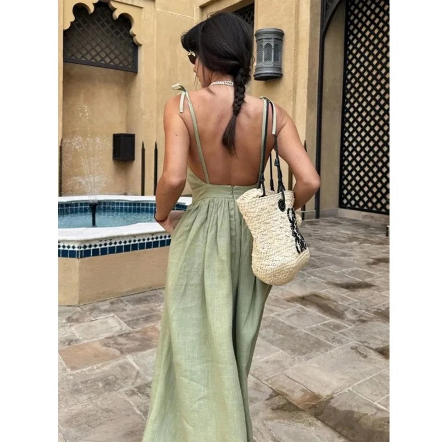 Althea | Linen Sleeveless Open Back Tie Strap Maxi Dress