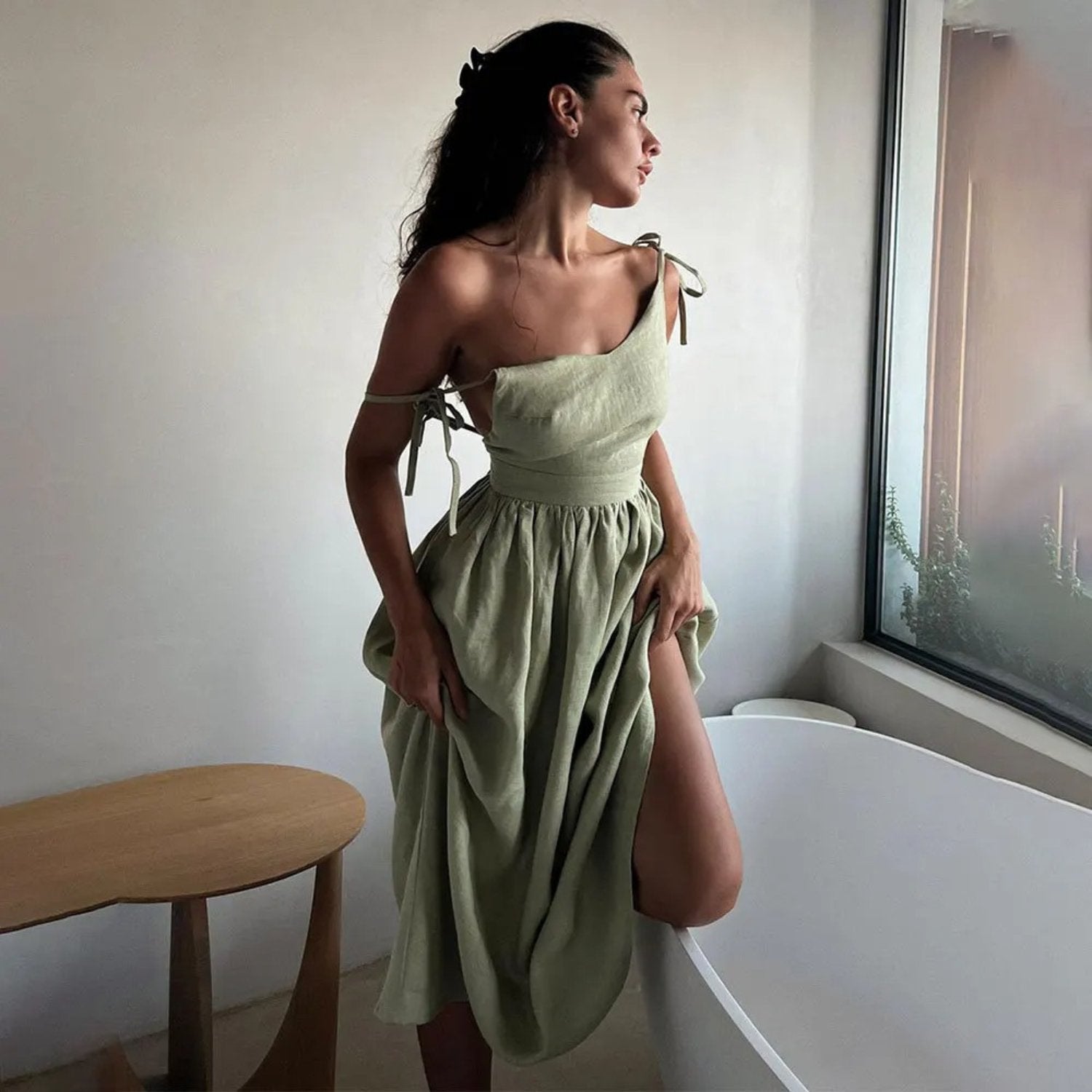 Althea | Linen Sleeveless Open Back Tie Strap Maxi Dress
