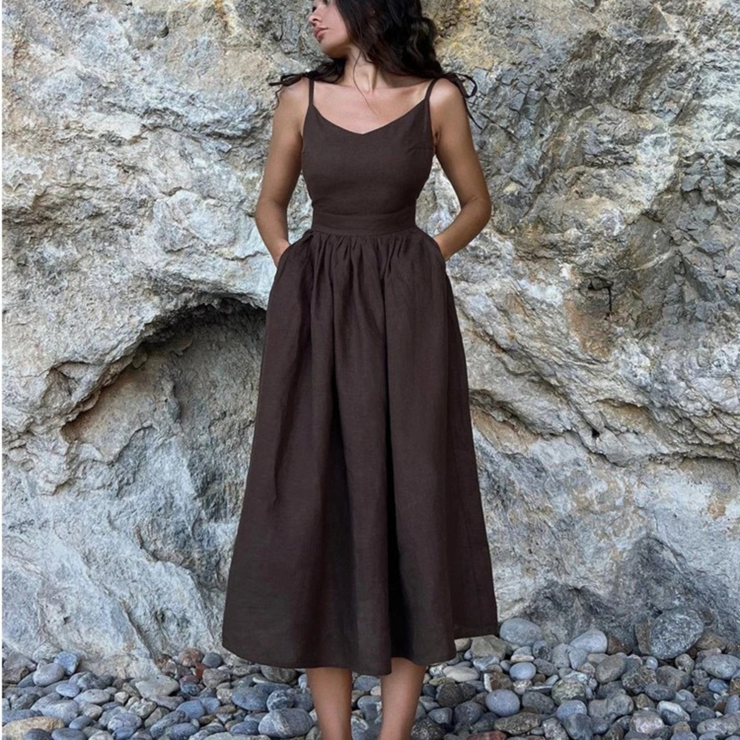 Althea | Linen Sleeveless Open Back Tie Strap Maxi Dress