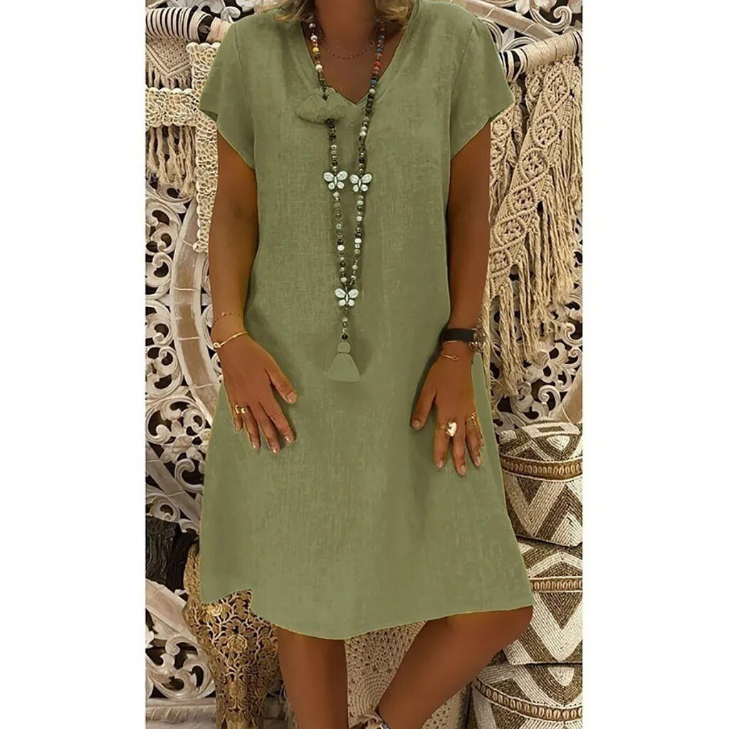 Zarela | Linen V Neck Short Sleeve A Line Mini Dress