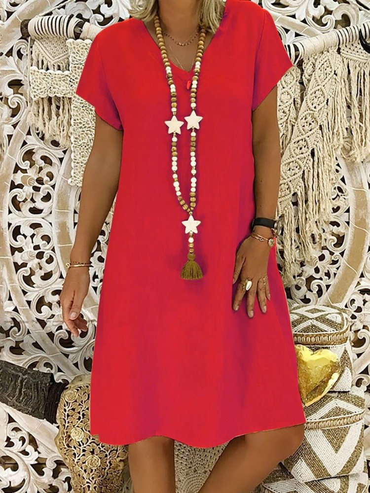 Zarela | Linen V Neck Short Sleeve A Line Mini Dress