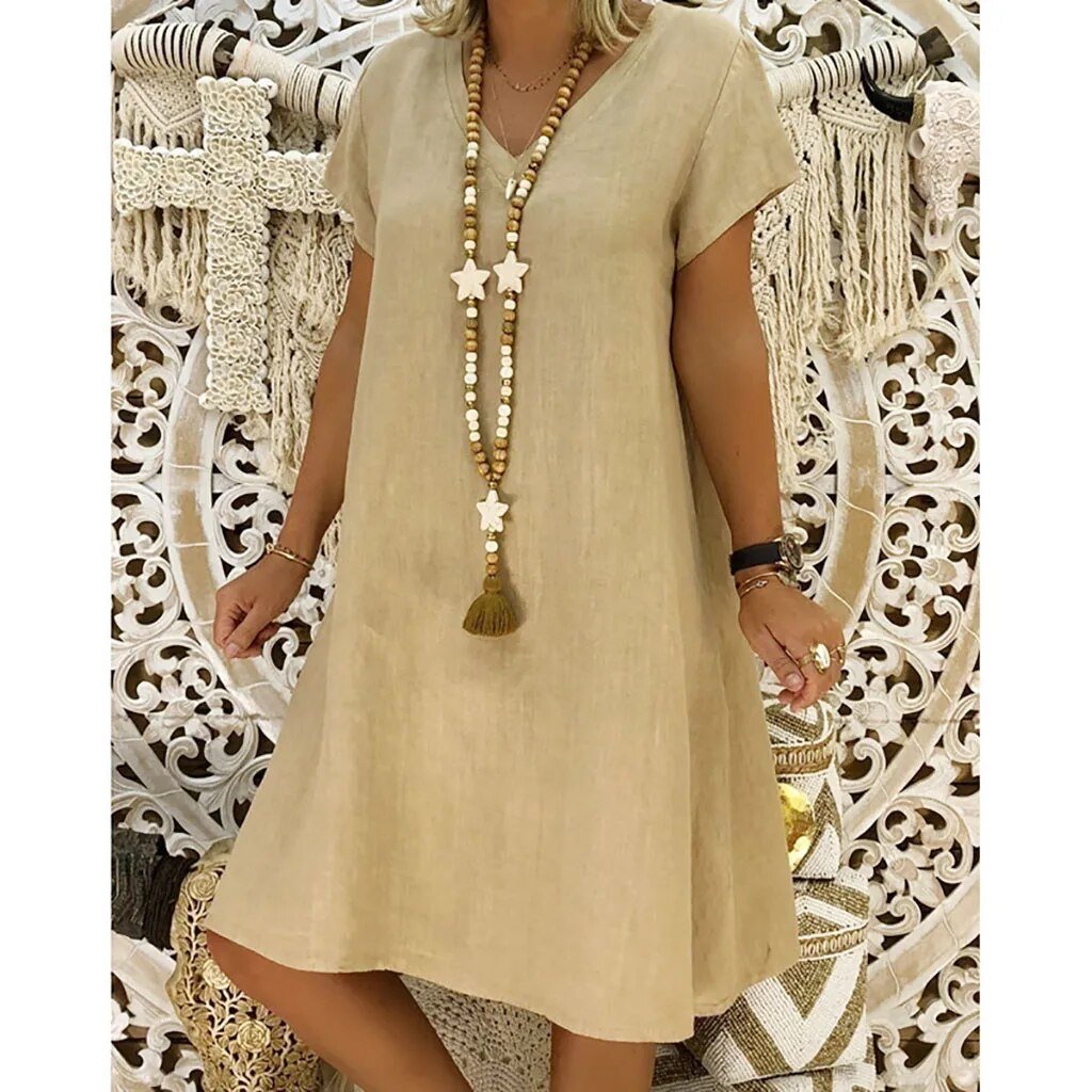 Zarela | Linen V Neck Short Sleeve A Line Mini Dress
