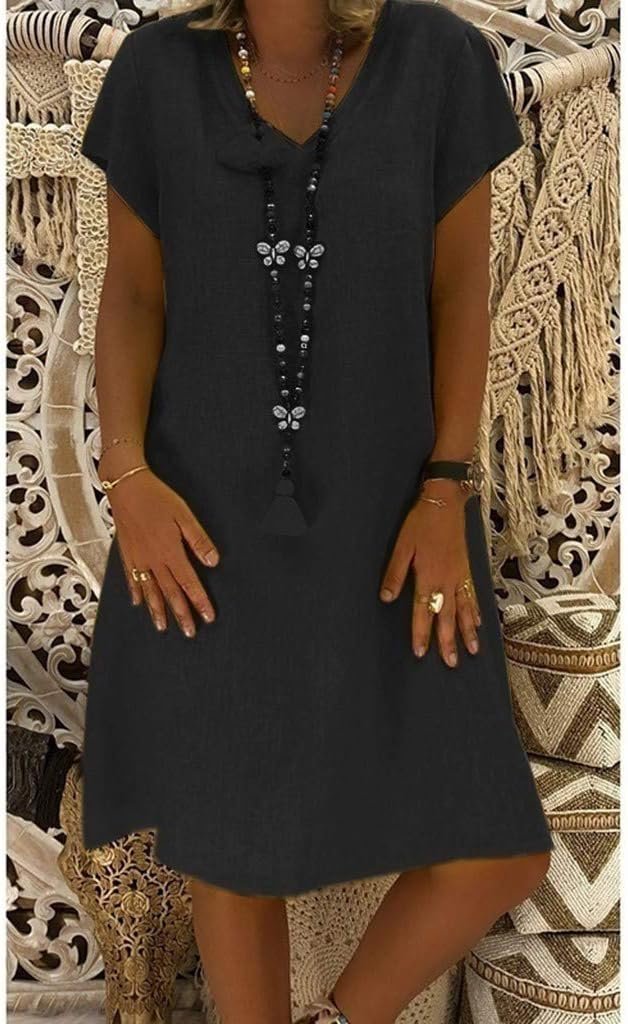 Zarela | Linen V Neck Short Sleeve A Line Mini Dress