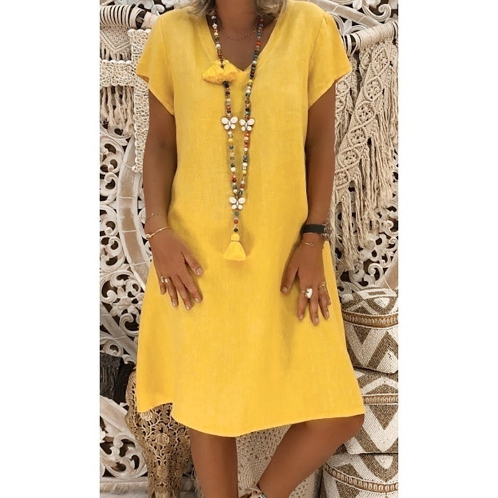 Zarela | Linen V Neck Short Sleeve A Line Mini Dress