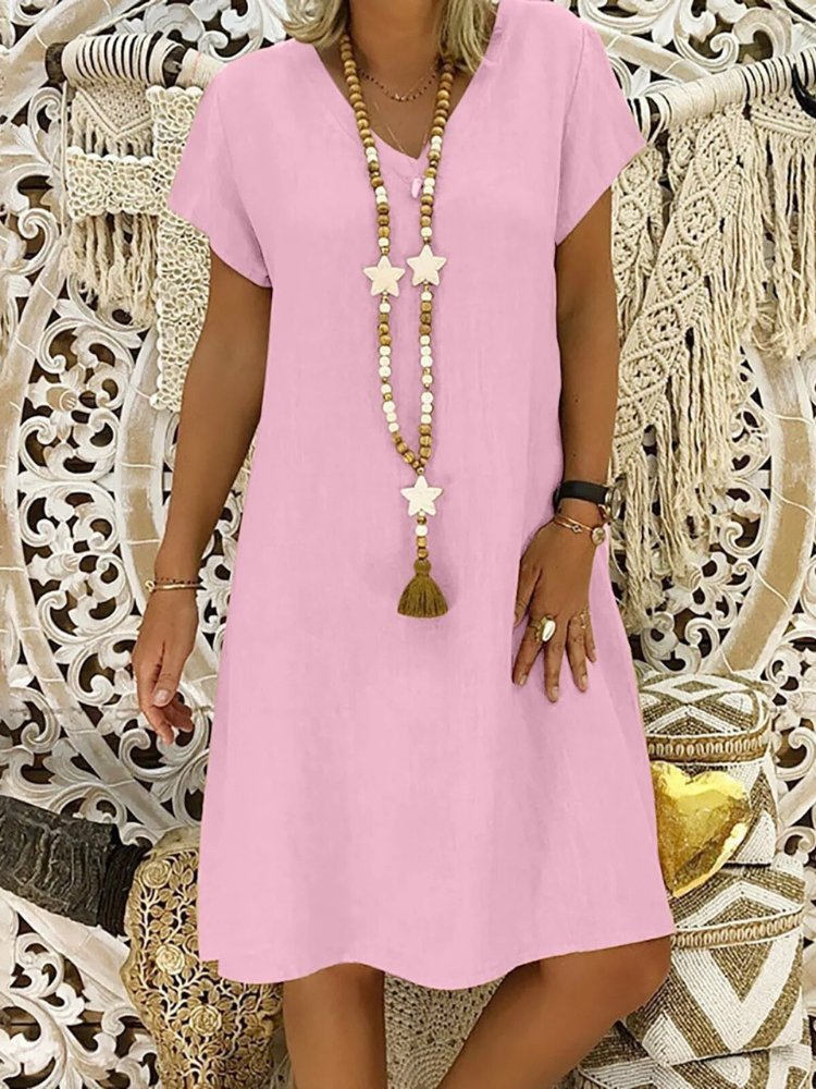 Zarela | Linen V Neck Short Sleeve A Line Mini Dress