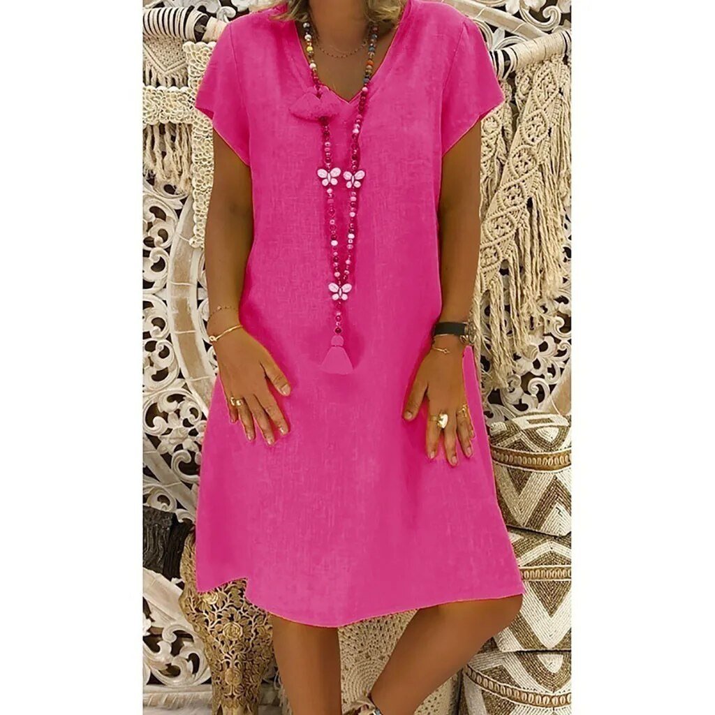 Zarela | Linen V Neck Short Sleeve A Line Mini Dress