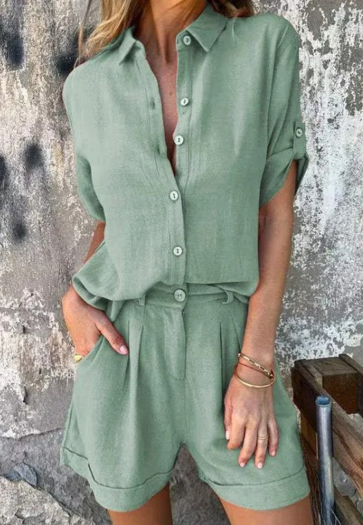 Dixie | Relaxed Linen Button-Down Shirt & Cuffed Shorts Two-Piece Set