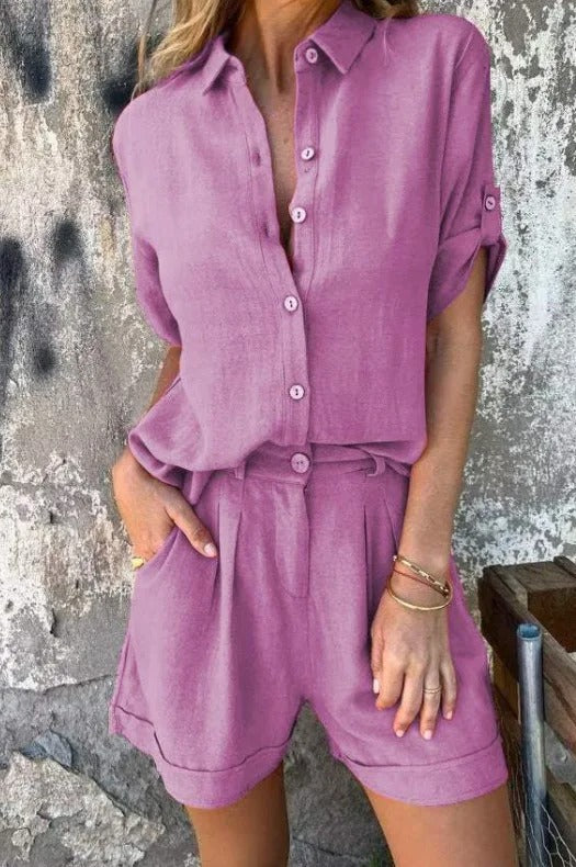 Dixie | Relaxed Linen Button-Down Shirt & Cuffed Shorts Two-Piece Set