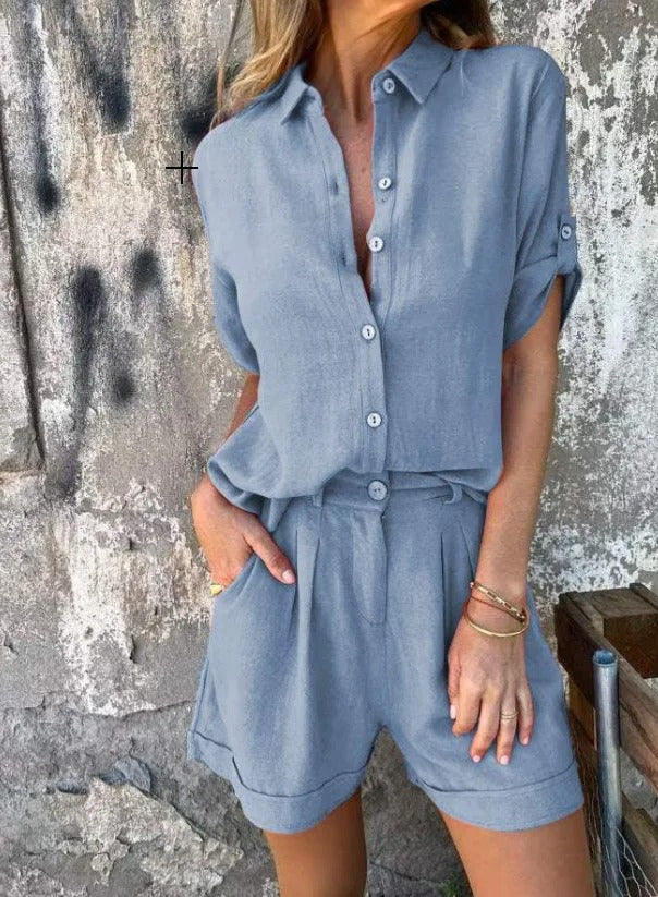 Dixie | Relaxed Linen Button-Down Shirt & Cuffed Shorts Two-Piece Set