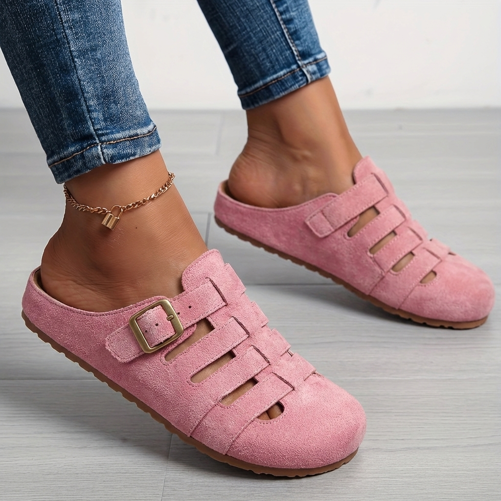 Aurora | Women's Suede Cutout Buckle Flat Slip On Clogs