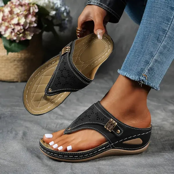 Zafira | Perforated Strap Wedge Thong Sandals